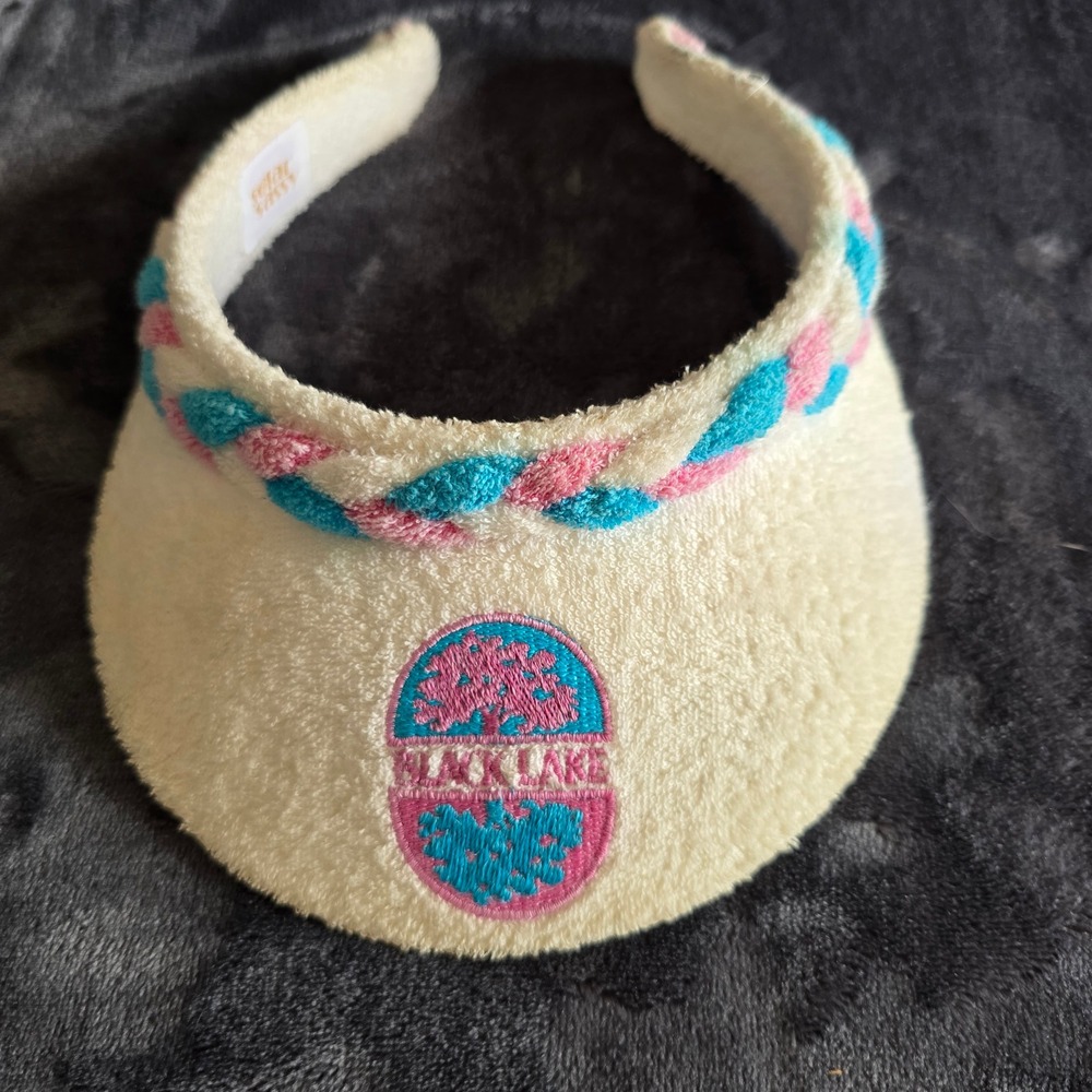 Solar Sassy Terry Cloth Sun Visor Cream White Braided Trim Black Lake Logo